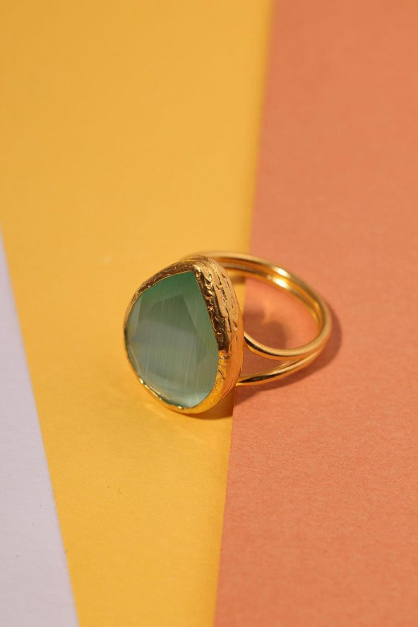 Güneş Taşı Damla Turkuaz Kedi Gözü  22 Ayar Gold Altın Sarı Kaplama Kadın Üçlü Set 925 Ayar Gümüş Zincirli - 2