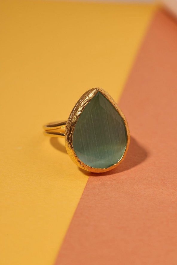 Güneş Taşı Damla Turkuaz Kedi Gözü  22 Ayar Gold Altın Sarı Kaplama Kadın Üçlü Set 925 Ayar Gümüş Zincirli - 3