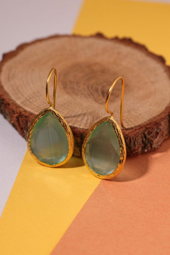 Güneş Taşı Damla Turkuaz Kedi Gözü  22 Ayar Gold Altın Sarı Kaplama Kadın Üçlü Set 925 Ayar Gümüş Zincirli - 4