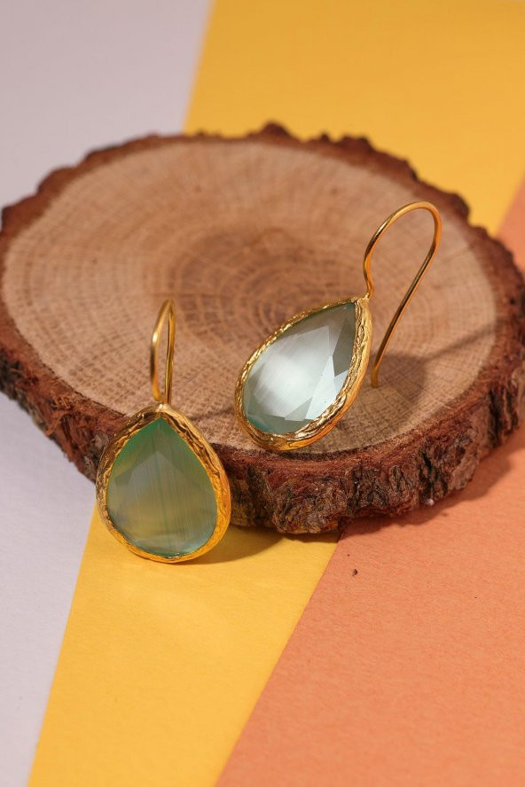 Güneş Taşı Damla Turkuaz Kedi Gözü  22 Ayar Gold Altın Sarı Kaplama Kadın Üçlü Set 925 Ayar Gümüş Zincirli - 5