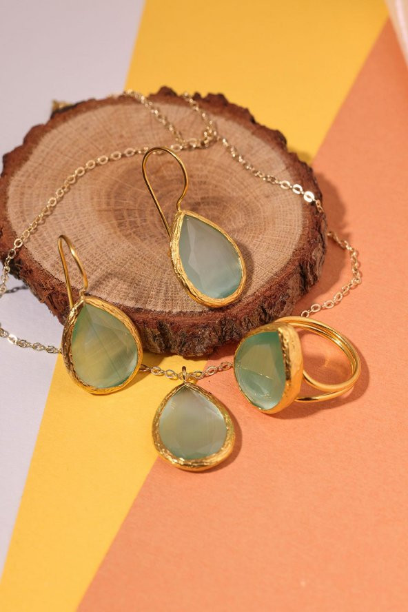 Güneş Taşı Damla Turkuaz Kedi Gözü  22 Ayar Gold Altın Sarı Kaplama Kadın Üçlü Set 925 Ayar Gümüş Zincirli - 6