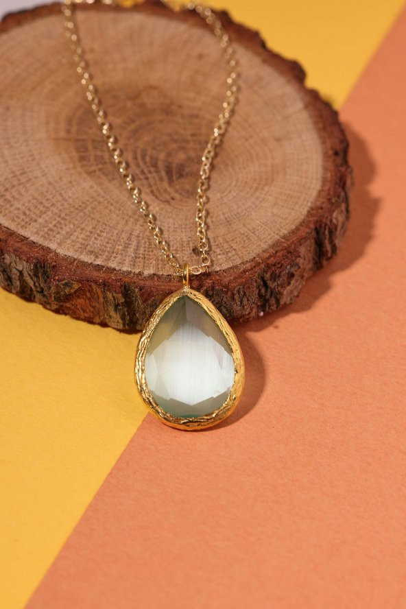 Güneş Taşı Damla Turkuaz Kedi Gözü  22 Ayar Gold Altın Sarı Kaplama Kadın Üçlü Set 925 Ayar Gümüş Zincirli - 7