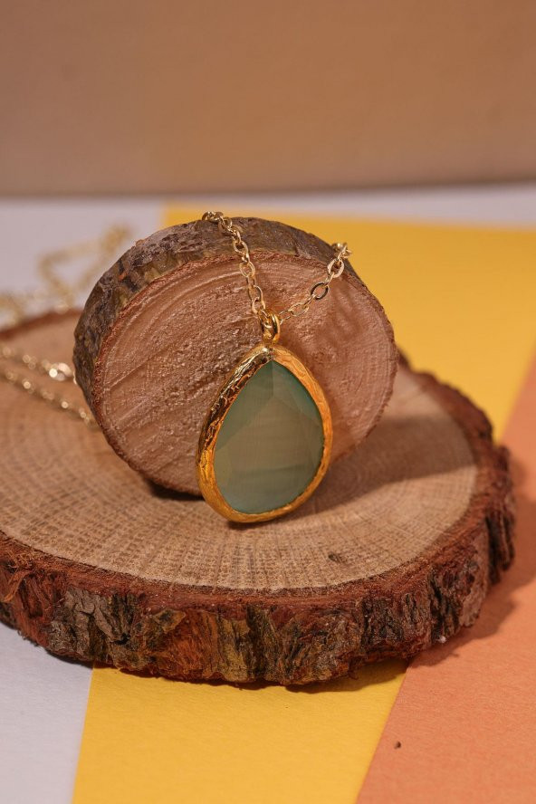 Güneş Taşı Damla Turkuaz Kedi Gözü  22 Ayar Gold Altın Sarı Kaplama Kadın Üçlü Set 925 Ayar Gümüş Zincirli - 8