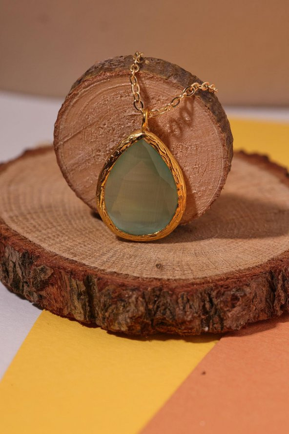 Güneş Taşı Damla Turkuaz Kedi Gözü  22 Ayar Gold Altın Sarı Kaplama Kadın Üçlü Set 925 Ayar Gümüş Zincirli - 9