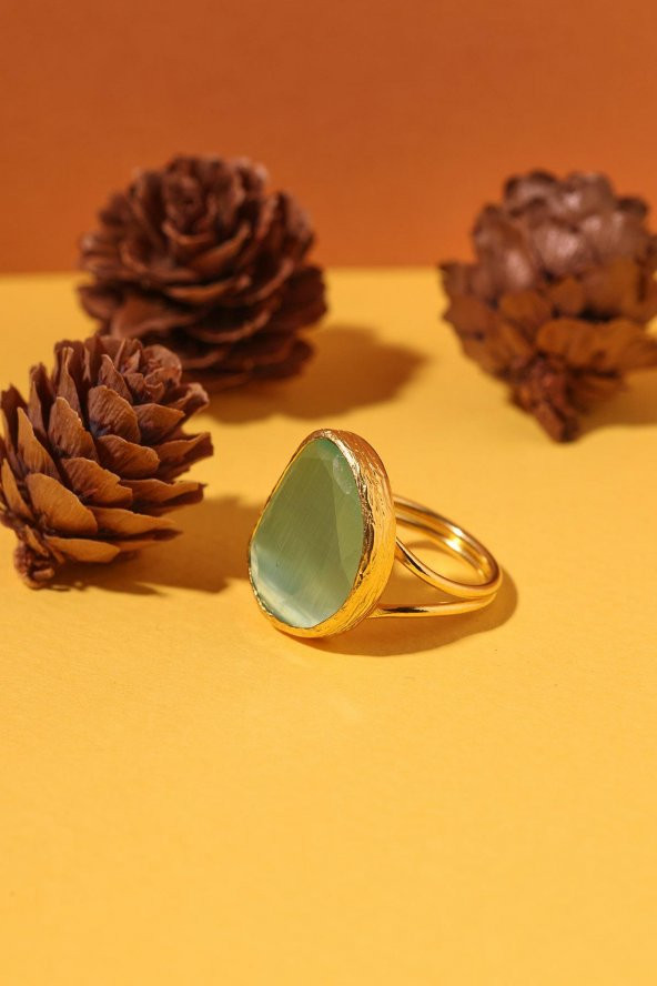 Güneş Taşı Fasülye Kesim Turkuaz Kedi Gözü  22 Ayar Altın Kaplama Kadın Üçlü Set 925 Ayar Gümüş Zincirli - 3