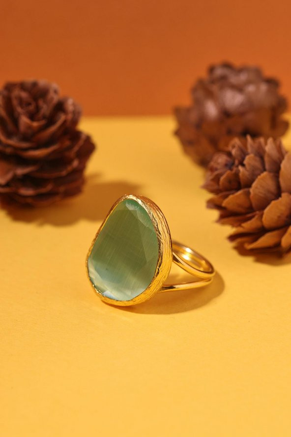 Güneş Taşı Fasülye Kesim Turkuaz Kedi Gözü  22 Ayar Altın Kaplama Kadın Üçlü Set 925 Ayar Gümüş Zincirli - 4