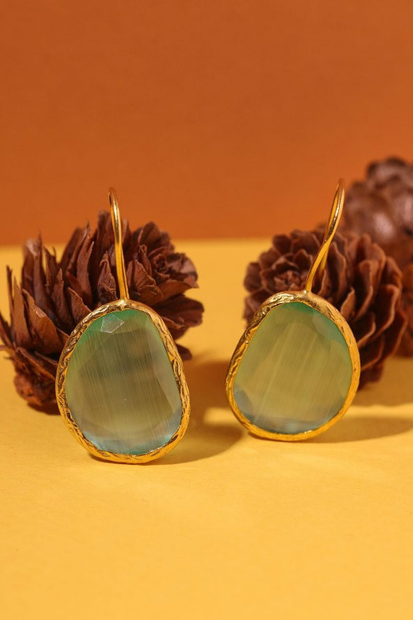 Güneş Taşı Fasülye Kesim Turkuaz Kedi Gözü  22 Ayar Altın Kaplama Kadın Üçlü Set 925 Ayar Gümüş Zincirli - 5