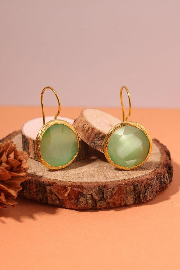 Güneş Taşı Yuvarlak Kesim Turkuaz Kedi Gözü  22 Ayar Altın Kaplama Kadın Üçlü Set 925 Ayar Gümüş Zincirli - 2