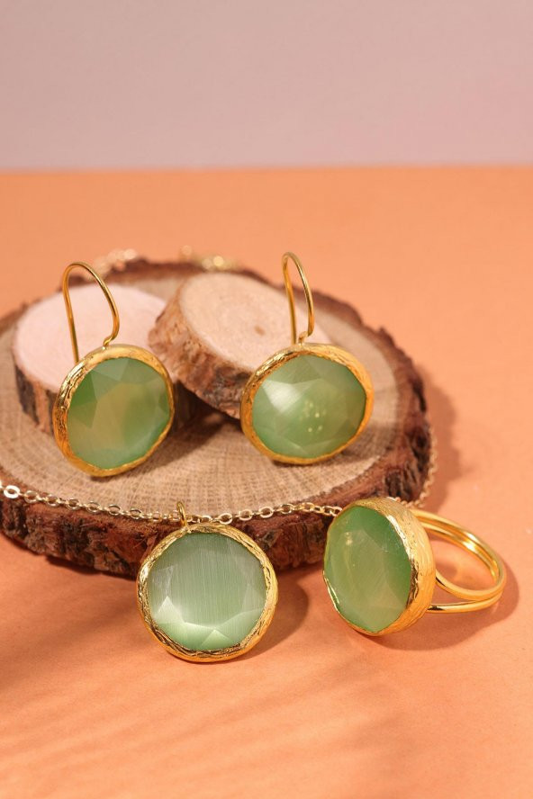 Güneş Taşı Yuvarlak Kesim Turkuaz Kedi Gözü  22 Ayar Altın Kaplama Kadın Üçlü Set 925 Ayar Gümüş Zincirli - 3