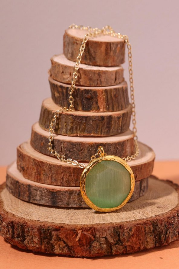 Güneş Taşı Yuvarlak Kesim Turkuaz Kedi Gözü  22 Ayar Altın Kaplama Kadın Üçlü Set 925 Ayar Gümüş Zincirli - 4