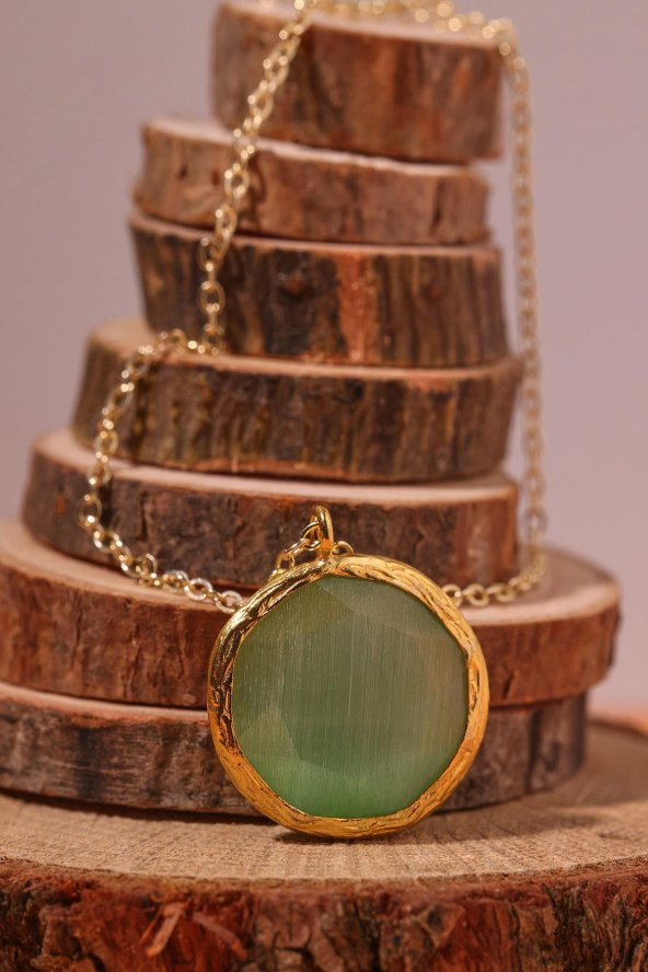 Güneş Taşı Yuvarlak Kesim Turkuaz Kedi Gözü  22 Ayar Altın Kaplama Kadın Üçlü Set 925 Ayar Gümüş Zincirli - 5