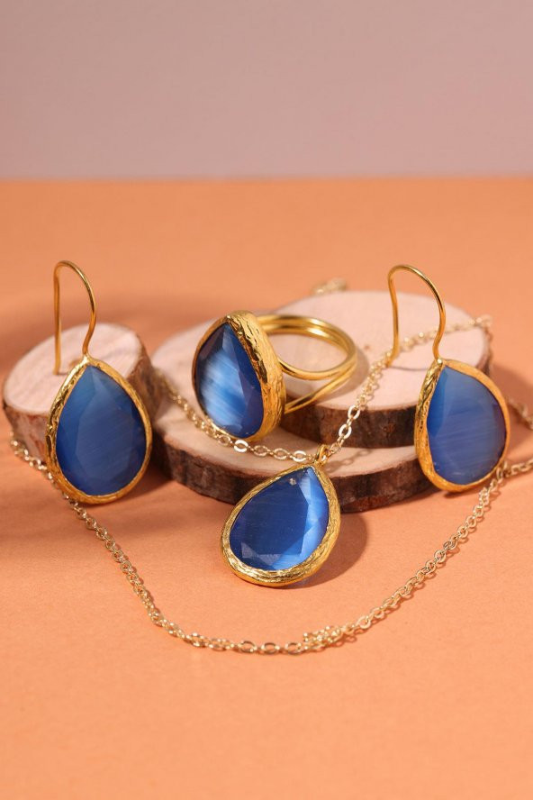 Güneş Taşı Damla Kesim Mavi Kedi Gözü 22 Ayar Altın Kaplama Kadın Üçlü Set 925 Ayar Gümüş Zincirli