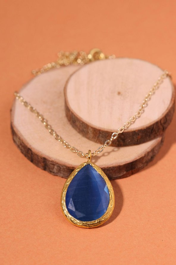 Güneş Taşı Damla Kesim Mavi Kedi Gözü 22 Ayar Altın Kaplama Kadın Üçlü Set 925 Ayar Gümüş Zincirli - 3