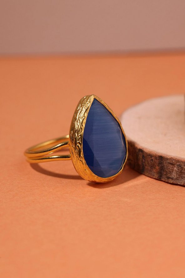 Güneş Taşı Damla Kesim Mavi Kedi Gözü 22 Ayar Altın Kaplama Kadın Üçlü Set 925 Ayar Gümüş Zincirli - 5