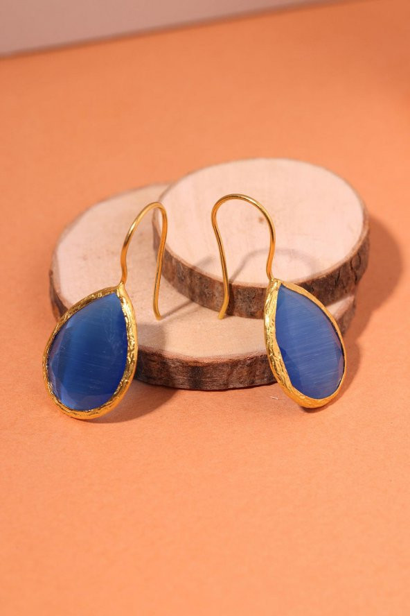 Güneş Taşı Damla Kesim Mavi Kedi Gözü 22 Ayar Altın Kaplama Kadın Üçlü Set 925 Ayar Gümüş Zincirli - 6