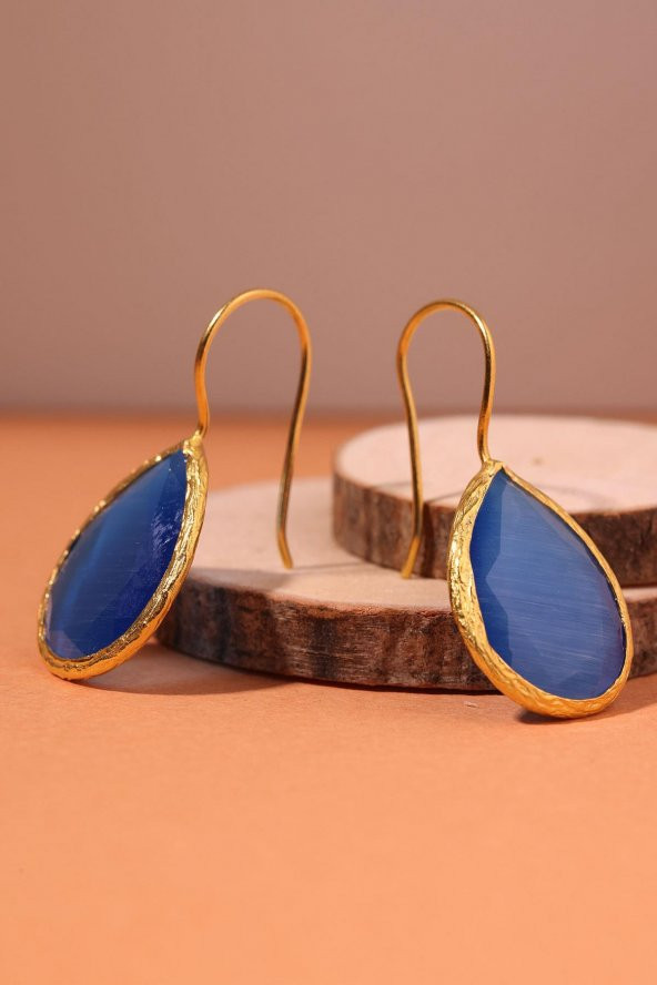 Güneş Taşı Damla Kesim Mavi Kedi Gözü 22 Ayar Altın Kaplama Kadın Üçlü Set 925 Ayar Gümüş Zincirli - 7