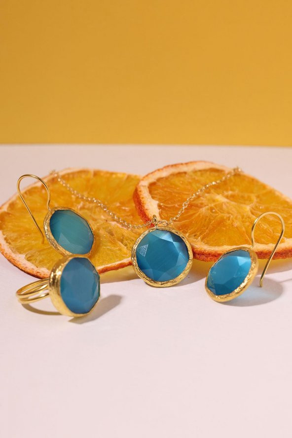 Güneş Taşı Yuvarlak Kesim Mavi Kedi Gözü 22 Ayar Altın Kaplama Kadın Üçlü Set 925 Ayar Gümüş Zincirli