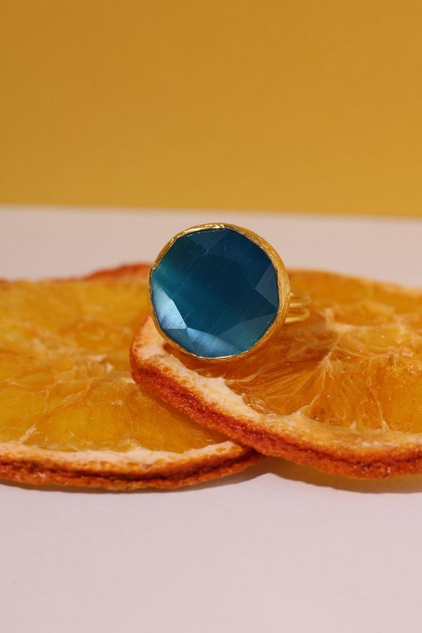 Güneş Taşı Yuvarlak Kesim Mavi Kedi Gözü 22 Ayar Altın Kaplama Kadın Üçlü Set 925 Ayar Gümüş Zincirli - 2