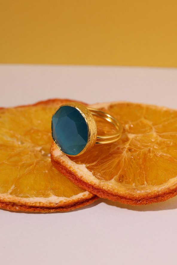 Güneş Taşı Yuvarlak Kesim Mavi Kedi Gözü 22 Ayar Altın Kaplama Kadın Üçlü Set 925 Ayar Gümüş Zincirli - 3