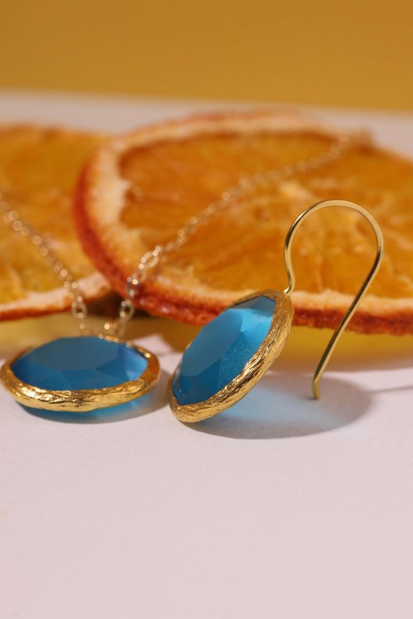 Güneş Taşı Yuvarlak Kesim Mavi Kedi Gözü 22 Ayar Altın Kaplama Kadın Üçlü Set 925 Ayar Gümüş Zincirli - 7