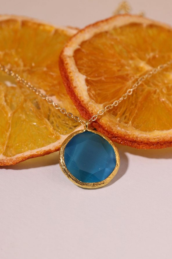 Güneş Taşı Yuvarlak Kesim Mavi Kedi Gözü 22 Ayar Altın Kaplama Kadın Üçlü Set 925 Ayar Gümüş Zincirli - 8