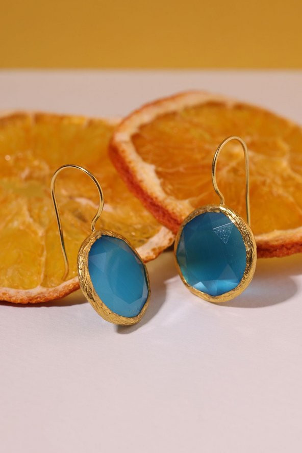 Güneş Taşı Yuvarlak Kesim Mavi Kedi Gözü 22 Ayar Altın Kaplama Kadın Üçlü Set 925 Ayar Gümüş Zincirli - 9