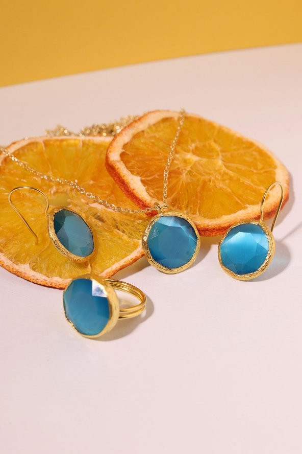 Güneş Taşı Yuvarlak Kesim Mavi Kedi Gözü 22 Ayar Altın Kaplama Kadın Üçlü Set 925 Ayar Gümüş Zincirli - 10