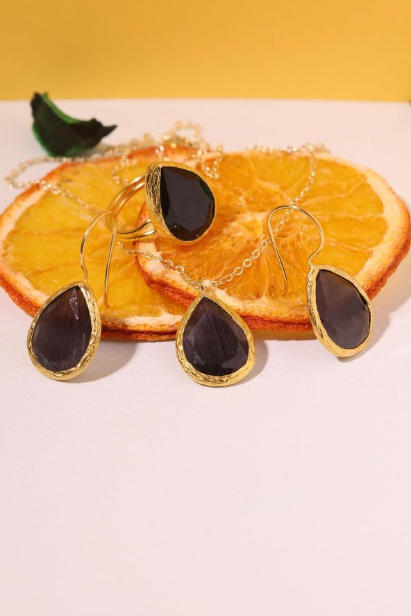 Güneş Taşı Damla Kesim Siyah Kedi Gözü 22 Ayar Altın Kaplama Kadın Üçlü Set 925 Ayar Gümüş Zincirli