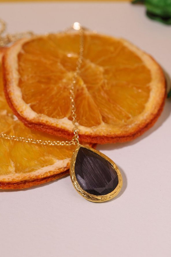 Güneş Taşı Damla Kesim Siyah Kedi Gözü 22 Ayar Altın Kaplama Kadın Üçlü Set 925 Ayar Gümüş Zincirli - 7