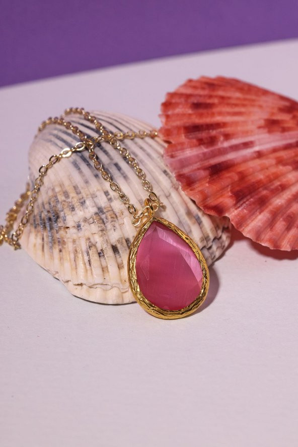 Güneş Taşı Damla Kesim Pembe Kedi Gözü  22 Ayar Altın Kaplama Kadın Üçlü Set 925 Ayar Gümüş Zincirli - 7