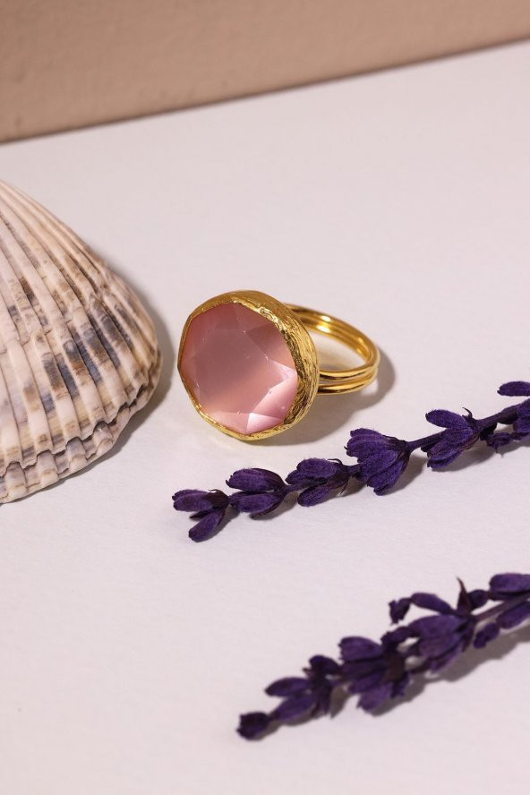 Güneş Taşı Yuvarlak Kesim Pembe Kedi Gözü  22 Ayar Altın Kaplama Kadın Üçlü Set 925 Ayar Gümüş Zincirli - 7