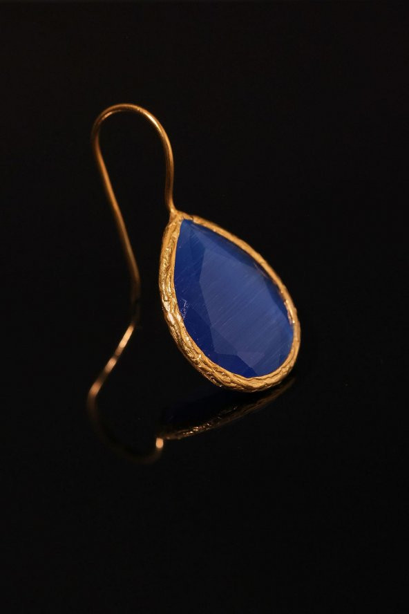 Güneş Taşı Damla Kesim Mavi Kedi Gözü 22 Ayar Altın Kaplama Kadın Üçlü Set 925 Ayar Gümüş Zincirli - 8