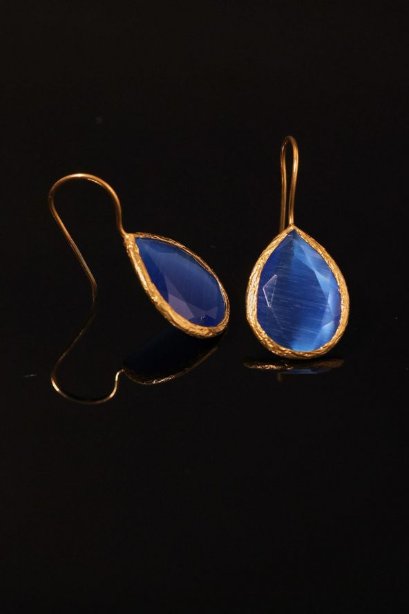 Güneş Taşı Damla Kesim Mavi Kedi Gözü 22 Ayar Altın Kaplama Kadın Üçlü Set 925 Ayar Gümüş Zincirli - 9