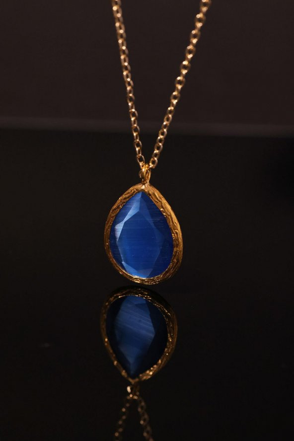 Güneş Taşı Damla Kesim Mavi Kedi Gözü 22 Ayar Altın Kaplama Kadın Üçlü Set 925 Ayar Gümüş Zincirli - 11