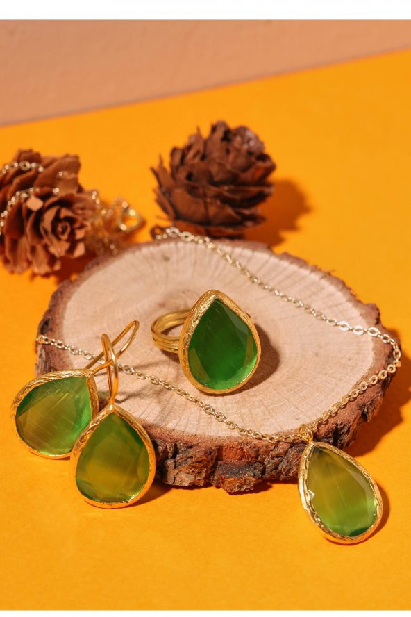 Güneş Taşı Damla Kesim Yeşil Kedi Gözü 22 Ayar Altın Kaplama Kadın Üçlü Set 925 Ayar Gümüş Zincirli