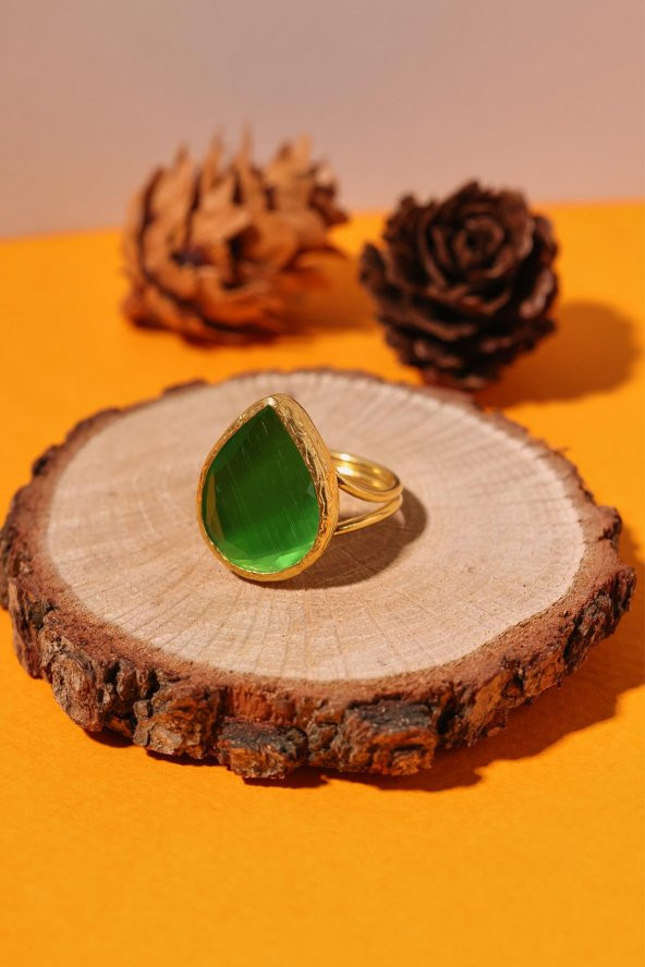 Güneş Taşı Damla Kesim Yeşil Kedi Gözü 22 Ayar Altın Kaplama Kadın Üçlü Set 925 Ayar Gümüş Zincirli - 5