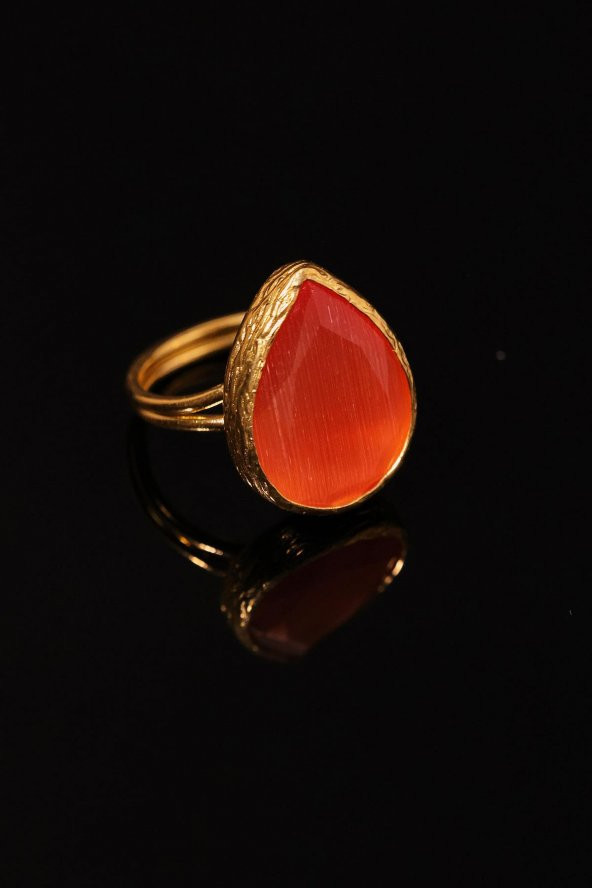 Güneş Taşı Damla Kesim Kırmızı Kedi Gözü 22 Ayar Altın Kaplama Kadın Üçlü Set 925 Ayar Gümüş Zincirli - 2