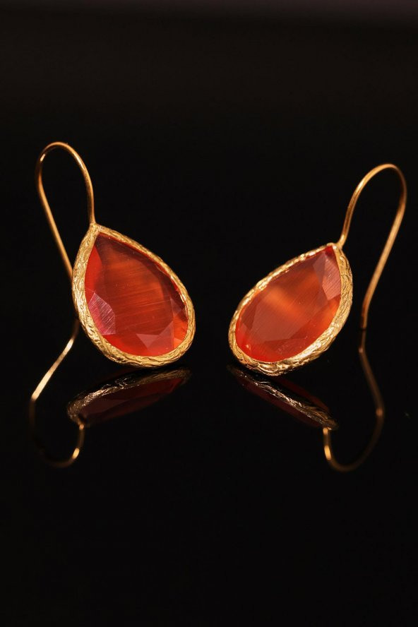 Güneş Taşı Damla Kesim Kırmızı Kedi Gözü 22 Ayar Altın Kaplama Kadın Üçlü Set 925 Ayar Gümüş Zincirli - 5