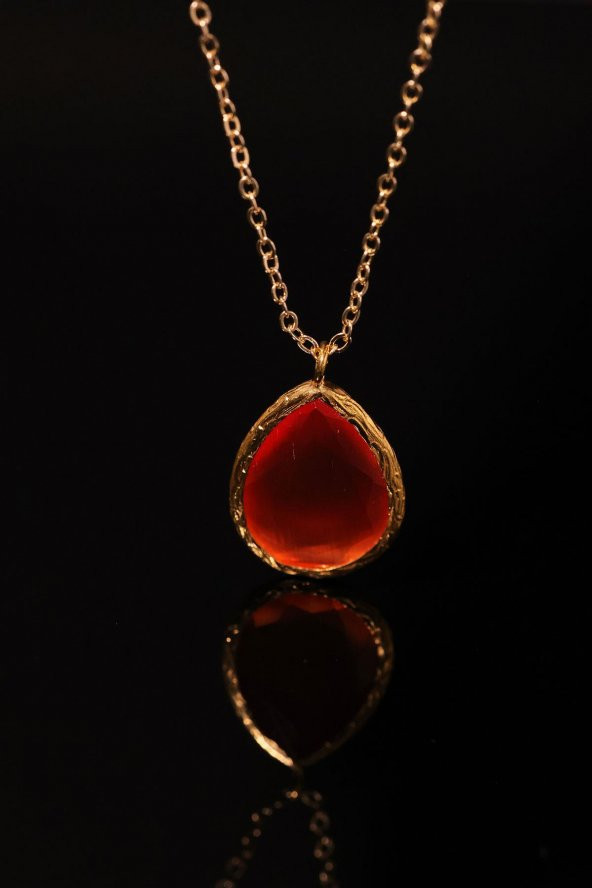 Güneş Taşı Damla Kesim Kırmızı Kedi Gözü 22 Ayar Altın Kaplama Kadın Üçlü Set 925 Ayar Gümüş Zincirli - 6