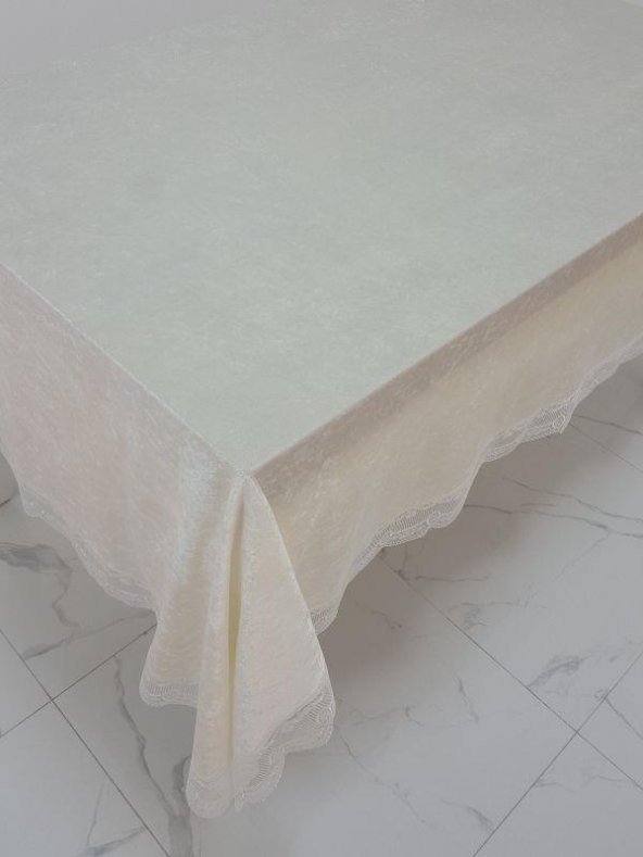 Finezza Pera Lüx  Dantelli Kadife Kumaş Krem Masa Örtüsü 160x220 cm - 1012