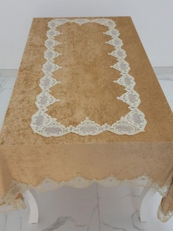 Finezza Elita Lüx  Dantelli Kadife Kumaş Vizon Masa Örtüsü 160x220 cm - 1013 - 2