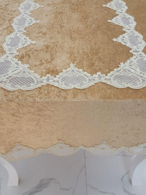 Finezza Elita Lüx  Dantelli Kadife Kumaş Vizon Masa Örtüsü 160x220 cm - 1013 - 5
