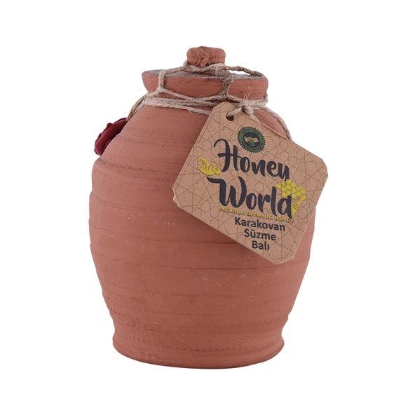 Honey World Organik Süzme Karakovan Balı 1000 Gr Çömlek Kavanoz