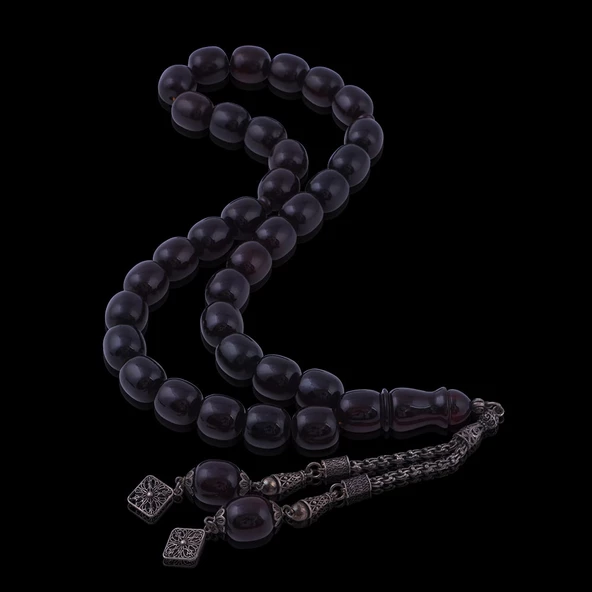 Kapsül Kesim Sıkma Kehribar Tesbih 925 Ayar 16.55 Gr Gümüş Püsküllü ST17 - Resim 2