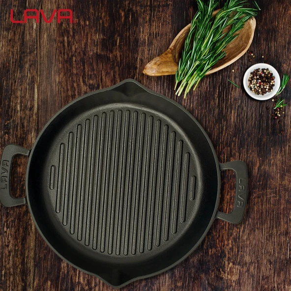 Lava Döküm Yuvarlak Izgara Tavası Döküm Demir Yekpare Çift Kulplu Çap(Ø)32cm. - 7