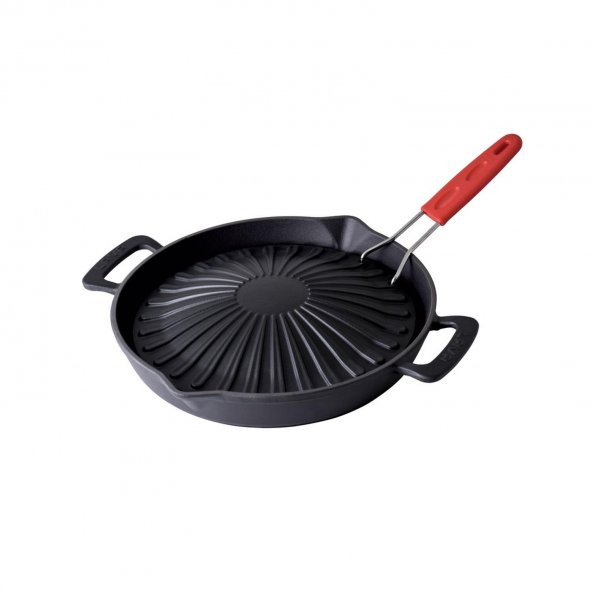 Lava Döküm Yuvarlak Grill Izgara Tavası Genghis Khan Serisi Çift Kulp ve Silikon Tel Saplı Çap(Ø)32cm.