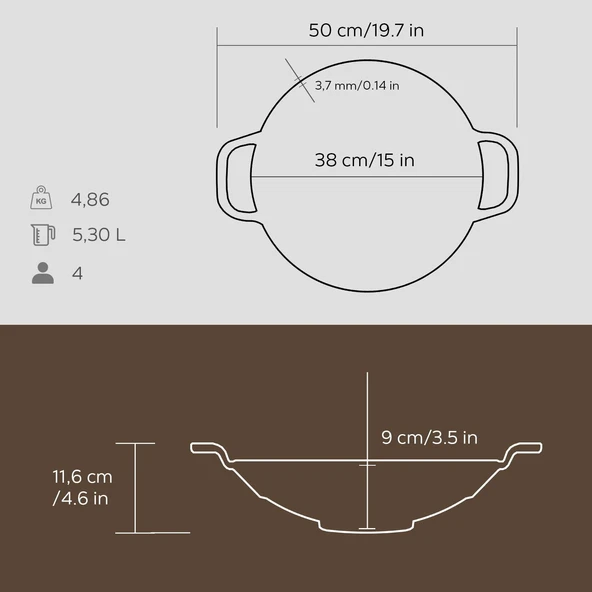 Lava Döküm Yuvarlak Wok Döküm Demir Yekpare Çift Kulplu Çap(Ø)38cm. - 5