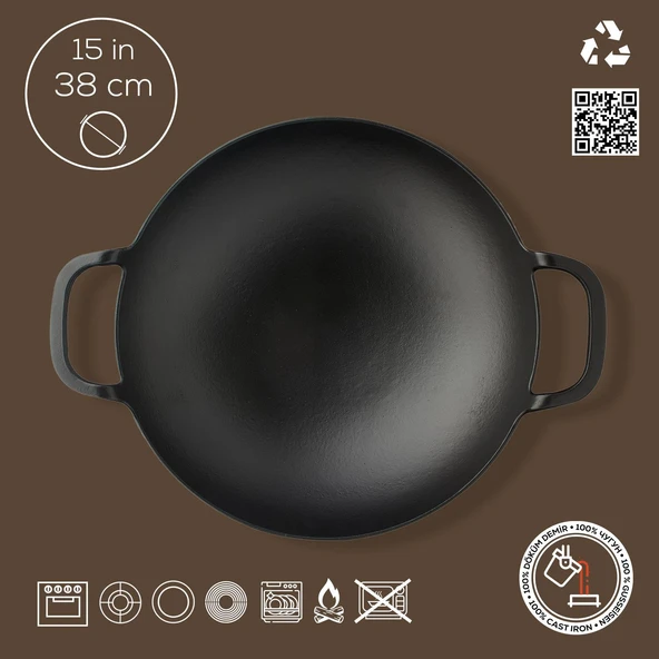 Lava Döküm Yuvarlak Wok Döküm Demir Yekpare Çift Kulplu Çap(Ø)38cm. - 4