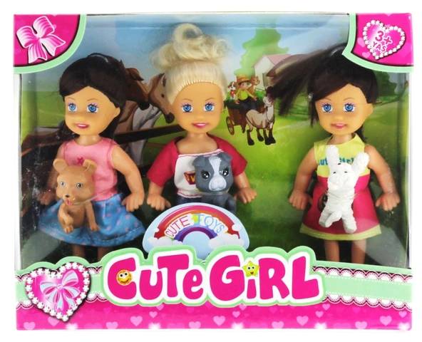 Cute Girl Mini Bebek ve Evcil Hayvan Üçlü Set