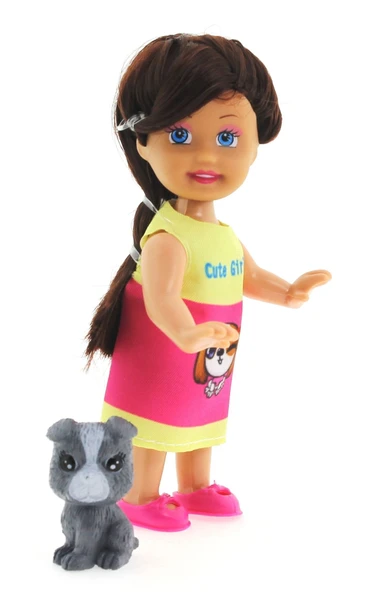 Cute Girl Gri Köpekli ve Kumral Mini Bebek - 4